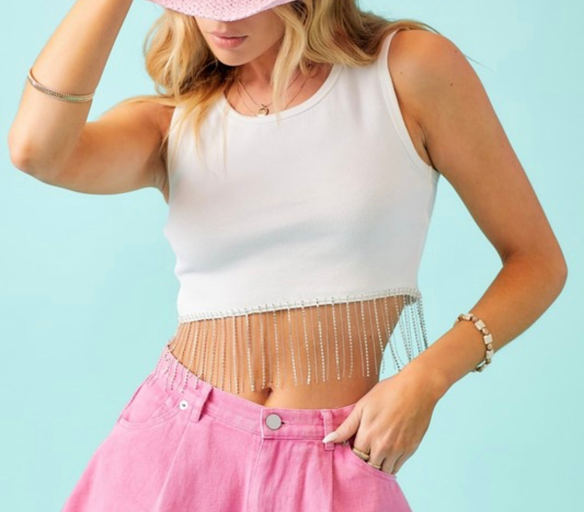 Rhinestone Fringe Ribbed Crop Top