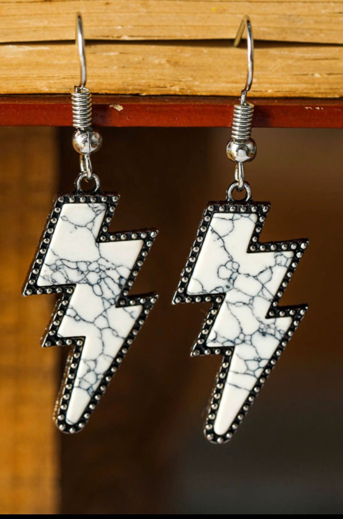 White Marble Texture Lightening Bolt Earrings