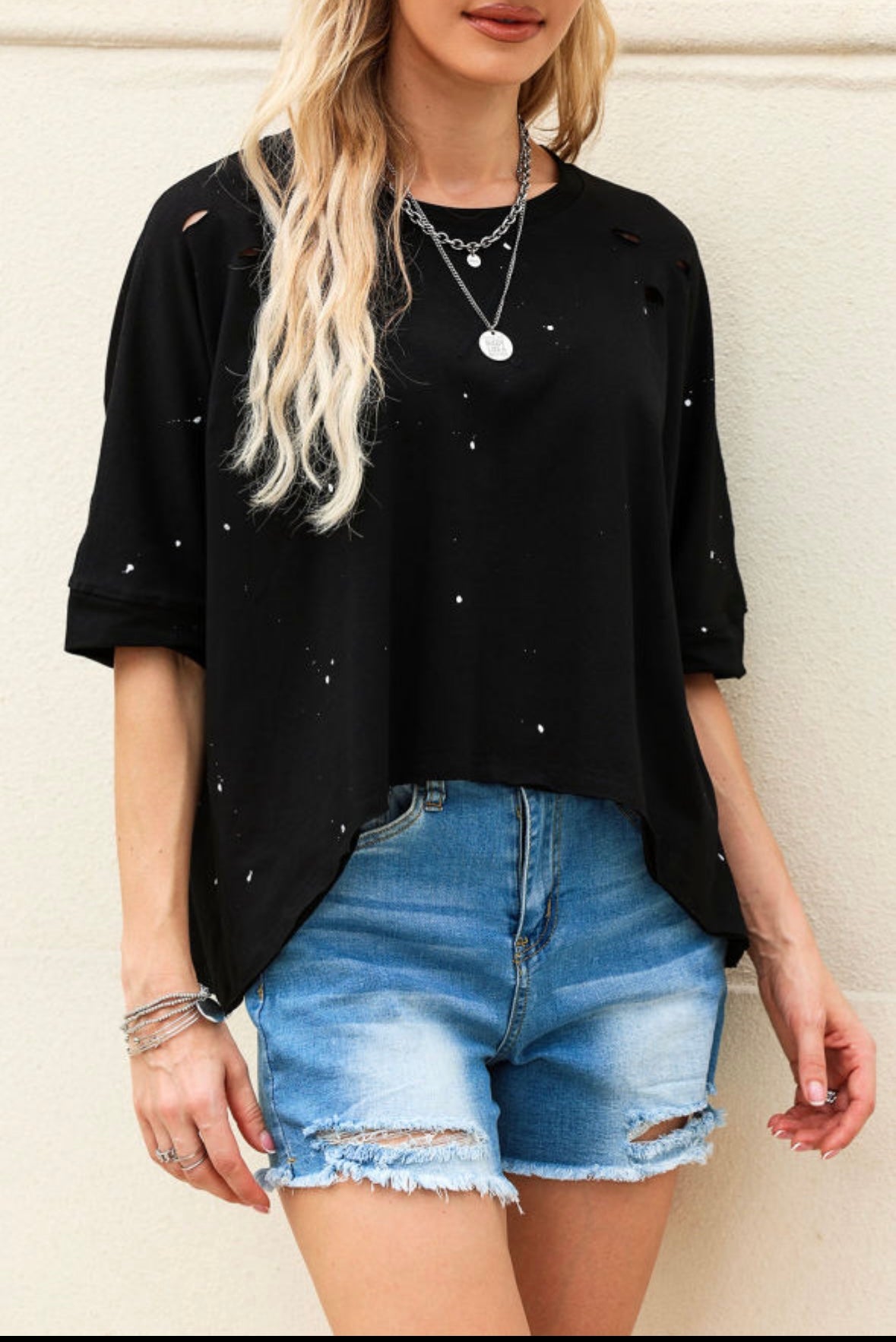 Black Distressed Bleached Asymmetric Hem Short Sleeve Top