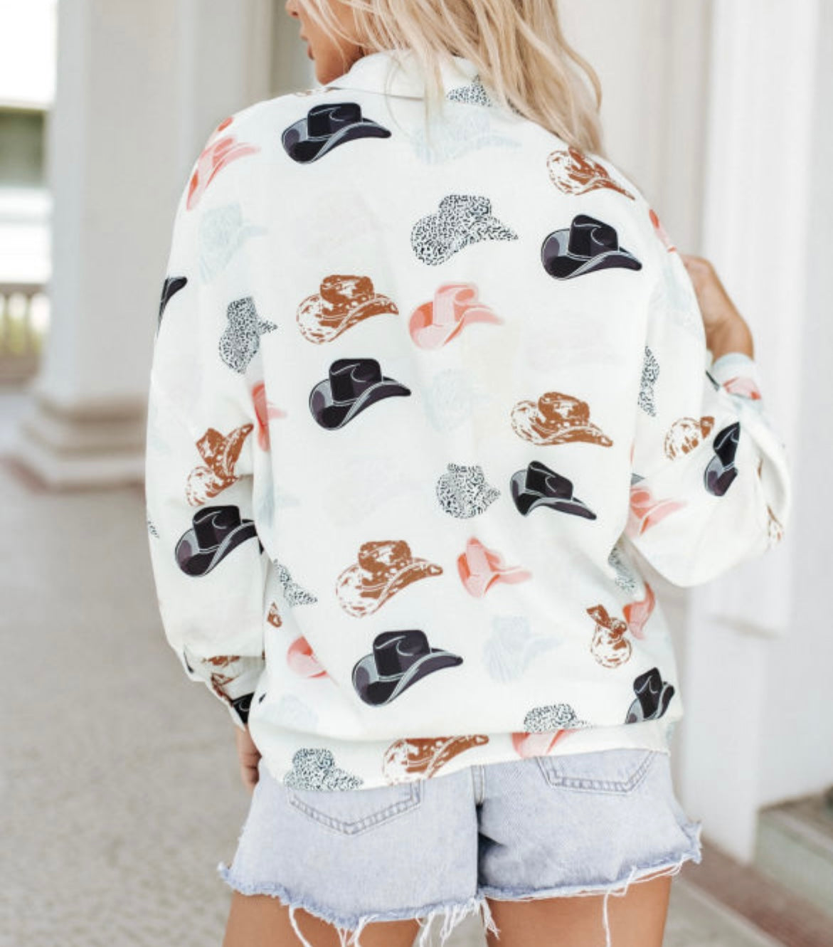 Cowboy Hat Long Puff Sleeve Blouse