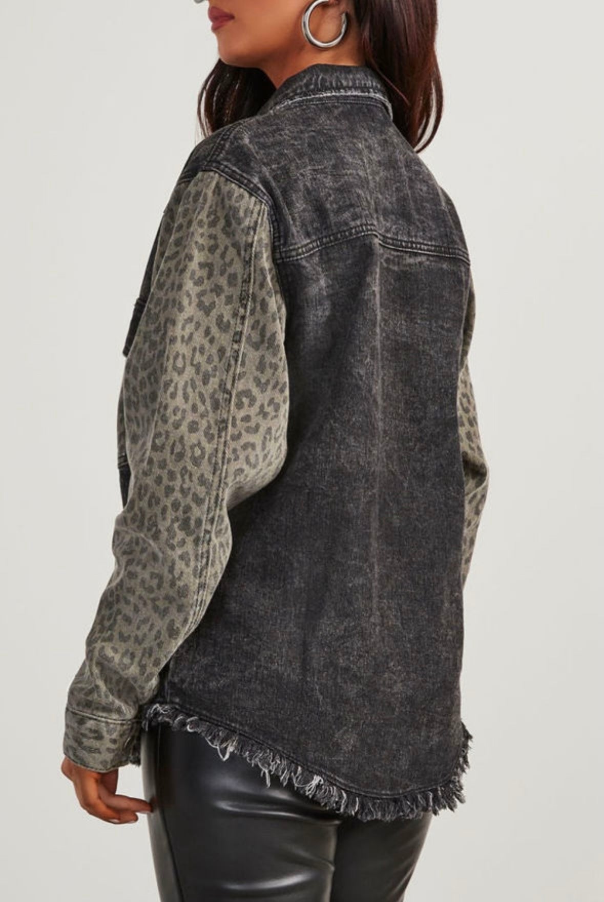 Black Leopard Patch Pocket Raw Hem Denim Jacket