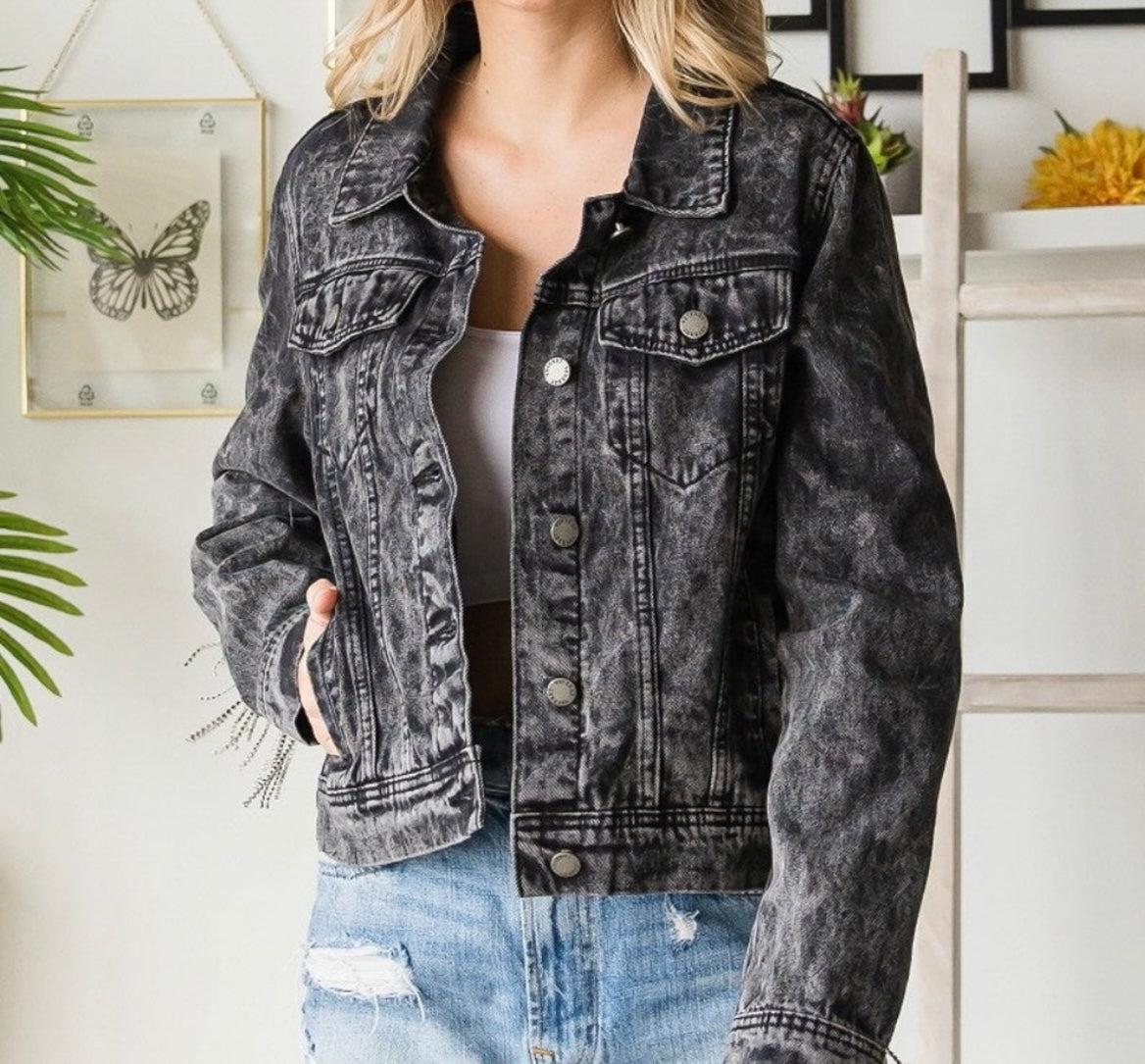Veveret Black Acid Washed Rhinestone Fringe Denim Jacket