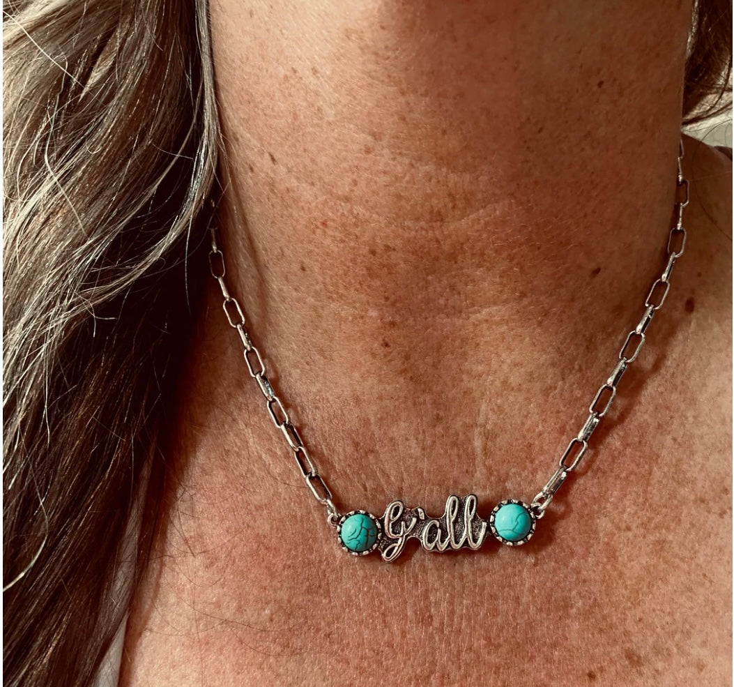 Silvertone "Ya'll" Script Necklace