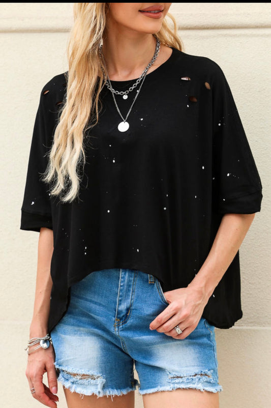 Black Distressed Bleached Asymmetric Hem Short Sleeve Top