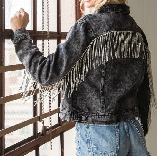 Veveret Black Acid Washed Rhinestone Fringe Denim Jacket