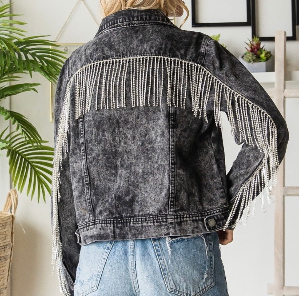 Veveret Black Acid Washed Rhinestone Fringe Denim Jacket