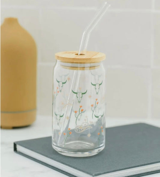 Western Print Glass Can W/ Lid